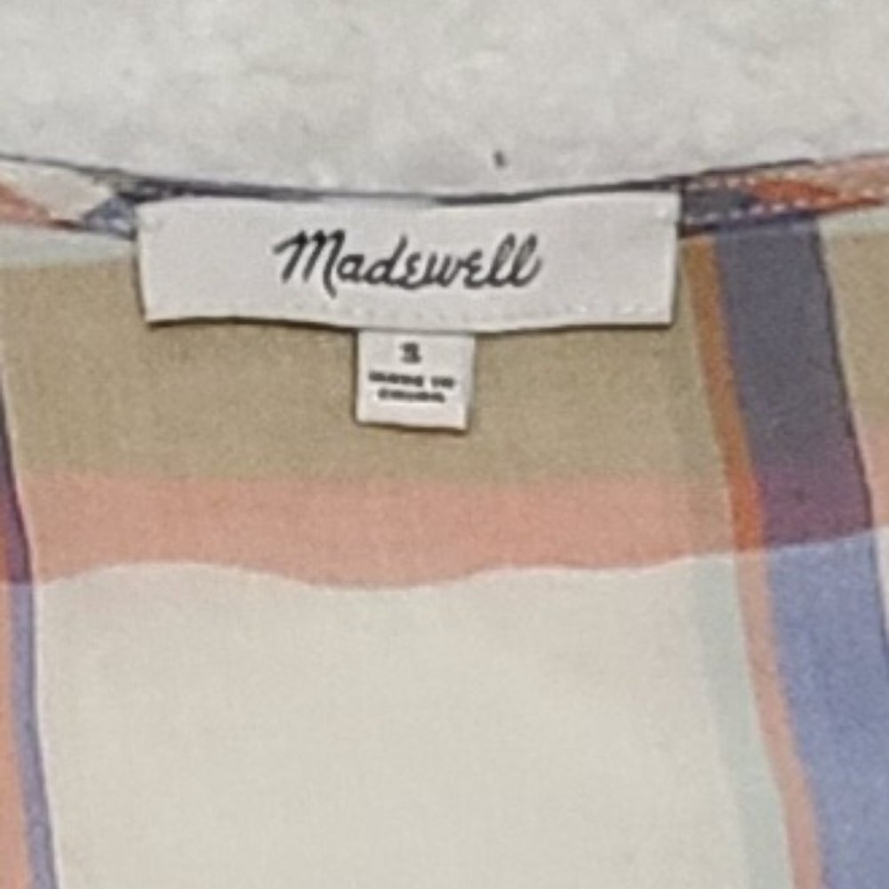Madewell Plaid Short Sleeve V Neck Lightweight Shoulder Ruffle Top Small - Picture 2 of 7